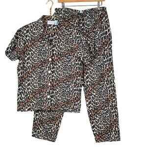 Allison Rhea Cotton Pajama Set Leopard Print Button Top Pants Medium Loungewear